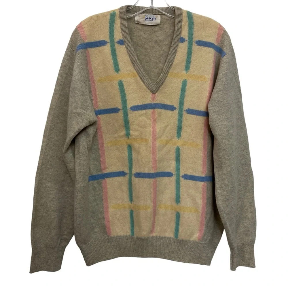 Pringle of Scotland 100% Lambswool‎ V-Neck Pullover Sweater Plaid Winter Sz 42